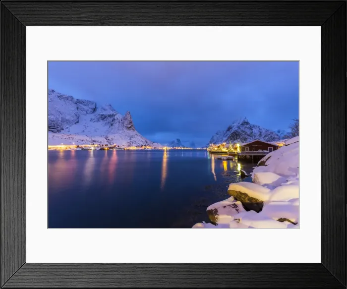 Framed Print : Blue hour in the small bay of Reine, where the lights of the houses reflect in the calm water surrounding the Lofoten Islands, Arctic, Norway, Scandinavia, Europe Framed Print : Blue hour in the small bay of Reine, where the lights of the houses reflect in the calm water surrounding the Lofoten Islands, Arctic, Norway, Scandinavia, Europe