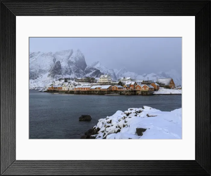 Framed Print : Snowy peaks and rorbu, the red houses of fishermen, in the landscape of the Lofoten Islands, Arctic, Norway, Scandinavia, Europe Framed Print : Snowy peaks and rorbu, the red houses of fishermen, in the landscape of the Lofoten Islands, Arctic, Norway, Scandinavia, Europe