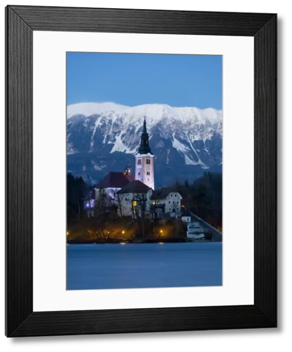 Framed Print : The Assumption of Mary Pilgrimage Church on Lake Bled at Dusk, Bled, Slovenia, Europe