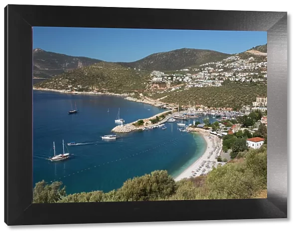 View over town and harbour with Gulets, Kalkan, Lycia, Antalya Province, Mediterranean Coast
