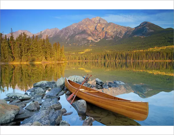 Canoe at Pyramid Lake with Pyramid Mountain in the background, Jasper National Park
