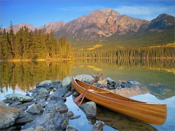 Canoe at Pyramid Lake with Pyramid Mountain in the background, Jasper National Park