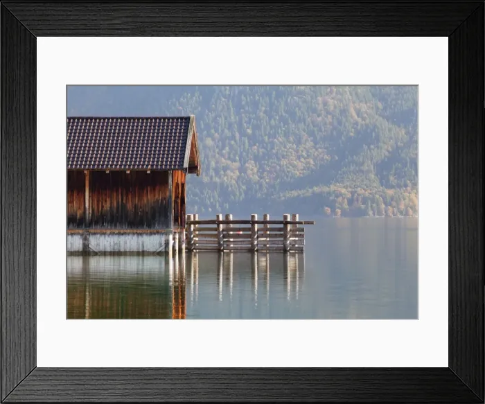 Framed Print : Boat house at Walchensee Lake in autumn, Bavarian Alps, Upper Bavaria, Bavaria, Germany Framed Print : Boat house at Walchensee Lake in autumn, Bavarian Alps, Upper Bavaria, Bavaria, Germany