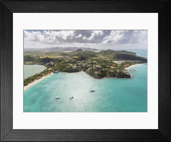 Framed Print : Aerial view of sailboats moored a few meters from the coast of Antigua, Leeward Islands Framed Print : Aerial view of sailboats moored a few meters from the coast of Antigua, Leeward Islands