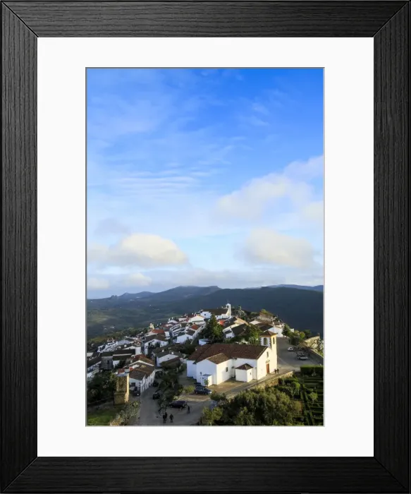 Framed Print : The 15th century parish church, medieval town and the Serra do Sao Mamede mountains