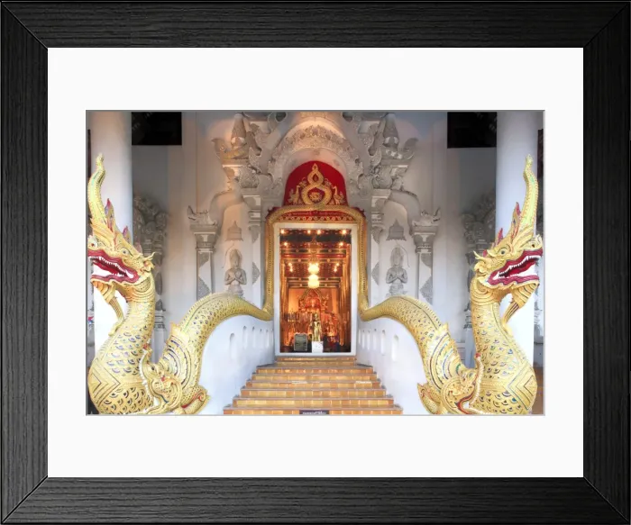 Framed Print : Naga dragons on the main bot of the temple of Wat Chedi Luang, Chiang Mai, Thailand