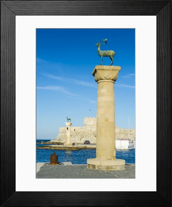 Framed Print : The deer, symbol of the city, at the entrance to Mandraki harbour, the Medieval Old Framed Print : The deer, symbol of the city, at the entrance to Mandraki harbour, the Medieval Old