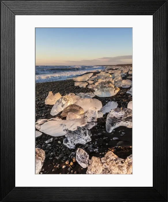 Framed Print : Broken ice from washed upiIcebergs on Jokulsarlon black beach at sunrise, Jokulsarlon Framed Print : Broken ice from washed upiIcebergs on Jokulsarlon black beach at sunrise, Jokulsarlon
