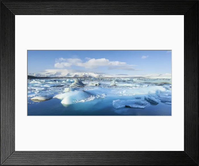 Framed Print : Panorama of mountains and icebergs locked in the frozen water, Jokulsarlon Iceberg Lagoon Framed Print : Panorama of mountains and icebergs locked in the frozen water, Jokulsarlon Iceberg Lagoon