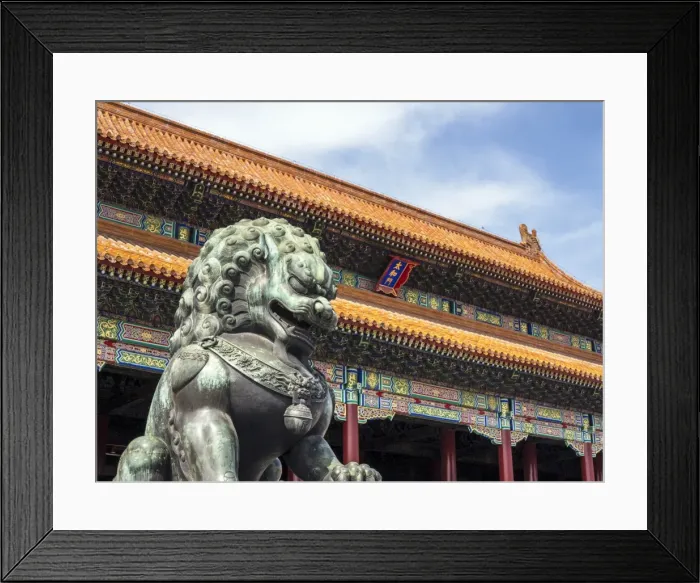 Framed Print : Bronze Chinese lion (female) guards the entry to the palace buildings, Forbidden City Framed Print : Bronze Chinese lion (female) guards the entry to the palace buildings, Forbidden City