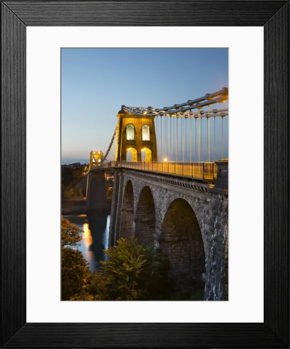 Framed Print : Menai Suspension Bridge at night, built in 1826 by Thomas Telford, Bangor, Gwynedd Framed Print : Menai Suspension Bridge at night, built in 1826 by Thomas Telford, Bangor, Gwynedd
