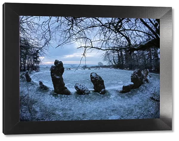 The Kings Men in snow, The Rollright Stones, near Chipping Norton, Cotswolds, Oxfordshire