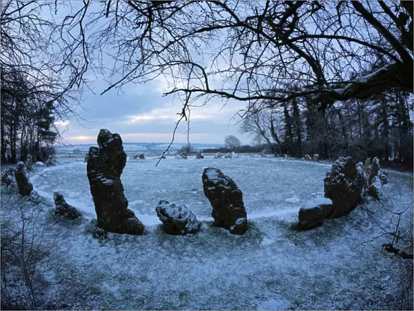 The Kings Men in snow, The Rollright Stones, near Chipping Norton, Cotswolds, Oxfordshire