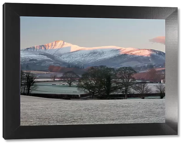Snow covered Pen y Fan in frost, Llanfrynach, Usk Valley, Brecon Beacons National Park