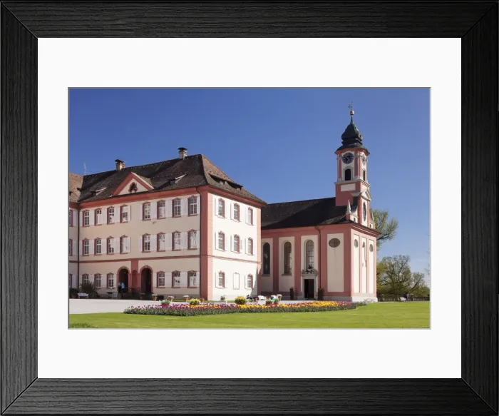 Framed Print : Deutschordensschloss Castle and church, Mainau Island, in spring, Lake Constance Framed Print : Deutschordensschloss Castle and church, Mainau Island, in spring, Lake Constance