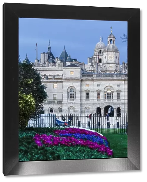 View of The Royal Horseguards, and colorful flowerbed, London, England, United Kingdom