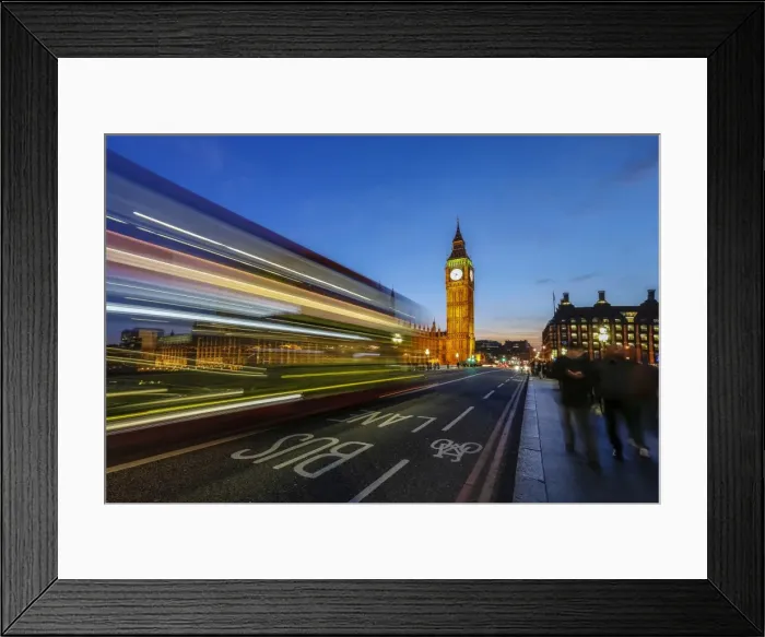 Framed Print : Doubledecker bus runs towards Big Ben (Elizabeth Tower), located north end of Framed Print : Doubledecker bus runs towards Big Ben (Elizabeth Tower), located north end of