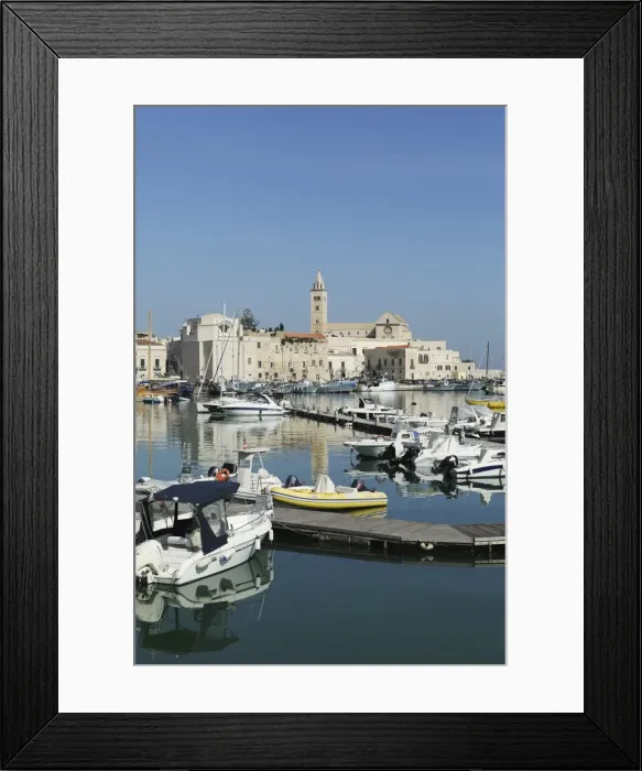 Framed Print : Boats in the harbour by the cathedral of St. Nicholas the Pilgrim (San Nicola Pellegrino) in Trani