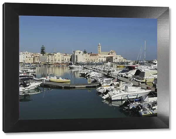 Boats in the harbour by the cathedral of St. Nicholas the Pilgrim (San Nicola Pellegrino) in Trani