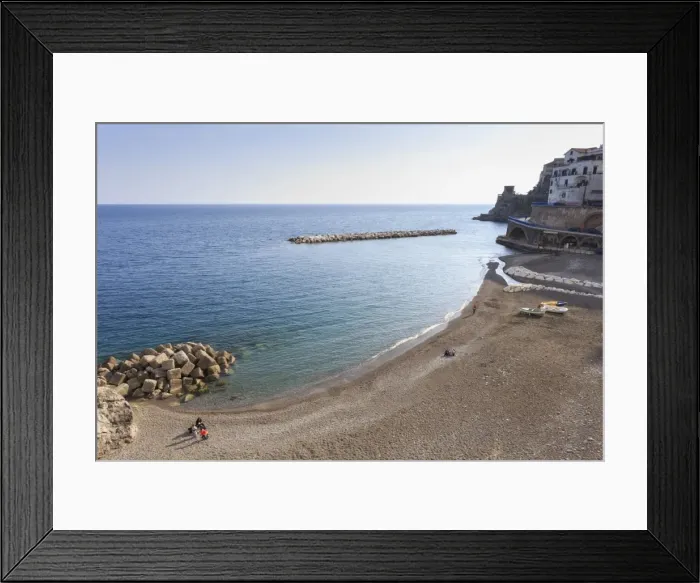 Framed Print : Elevated view of Atrani beach with family and fishing boats, near Amalfi, Costiera Amalfitana Framed Print : Elevated view of Atrani beach with family and fishing boats, near Amalfi, Costiera Amalfitana