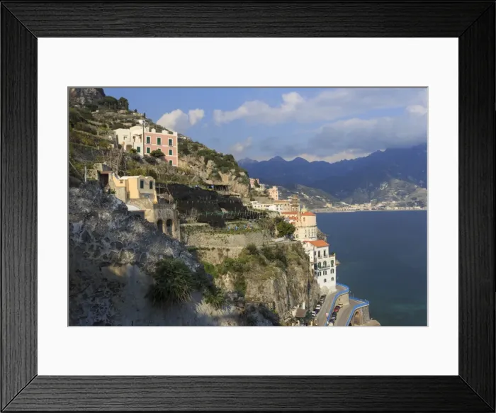 Framed Print : Cliff side view towards Atrani and distant Maiori, Costiera Amalfitana (Amalfi Coast)