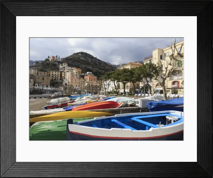 Framed Print : Minori, colourful boats on the beach with promenade in early spring, Costiera Amalfitana Framed Print : Minori, colourful boats on the beach with promenade in early spring, Costiera Amalfitana