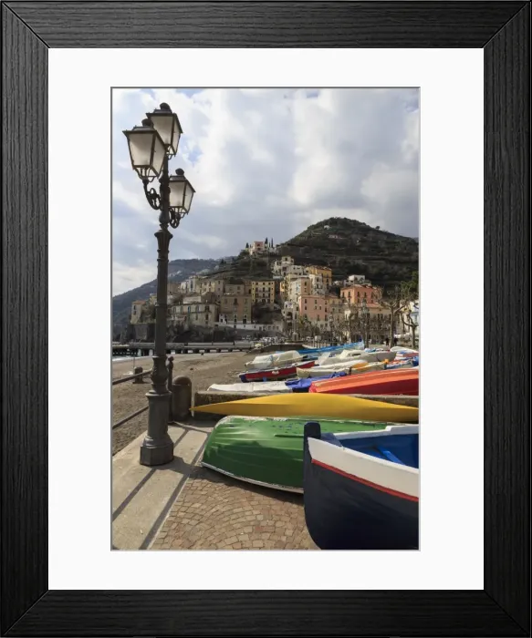 Framed Print : Minori, colourful boats on the promenade with beach in early spring, Costiera Amalfitana Framed Print : Minori, colourful boats on the promenade with beach in early spring, Costiera Amalfitana