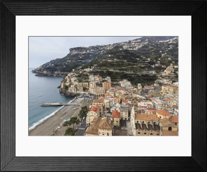 Framed Print : Minori, beach, town, cathedral and terraced hillsides with view to Ravello, elevated view Framed Print : Minori, beach, town, cathedral and terraced hillsides with view to Ravello, elevated view