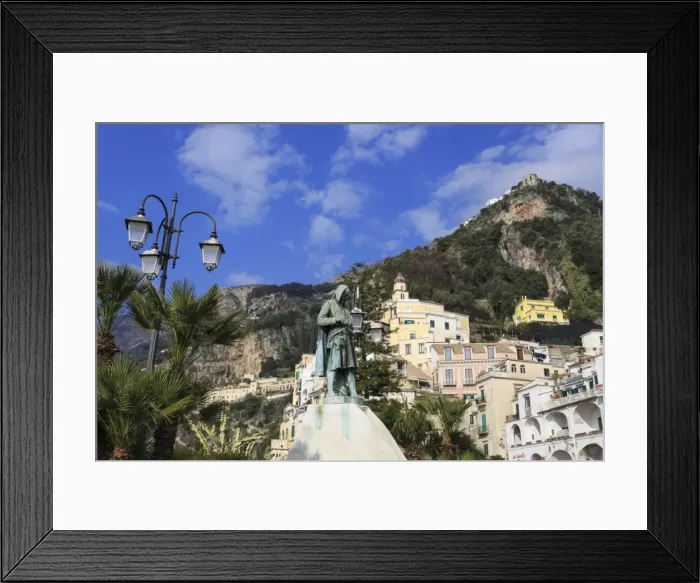 Framed Print : View from waterfront to statue, town of Amalfi and hillside, Costiera Amalfitana (Amalfi Coast) Framed Print : View from waterfront to statue, town of Amalfi and hillside, Costiera Amalfitana (Amalfi Coast)