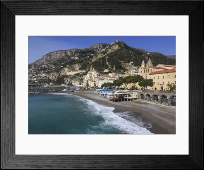 Framed Print : Beach, town and hills of Amalfi in sunshine with breaking waves, Costiera Amalfitana (Amalfi Coast) Framed Print : Beach, town and hills of Amalfi in sunshine with breaking waves, Costiera Amalfitana (Amalfi Coast)