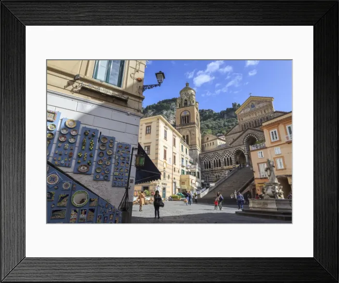 Framed Print : Pottery shop, fountain and cathedral in spring, Amalfi, Costiera Amalfitana (Amalfi Coast) Framed Print : Pottery shop, fountain and cathedral in spring, Amalfi, Costiera Amalfitana (Amalfi Coast)