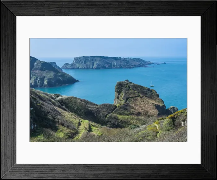 Framed Print : View over the east coast of Sark and the island Brecqhou, Channel Islands, United Kingdom Framed Print : View over the east coast of Sark and the island Brecqhou, Channel Islands, United Kingdom