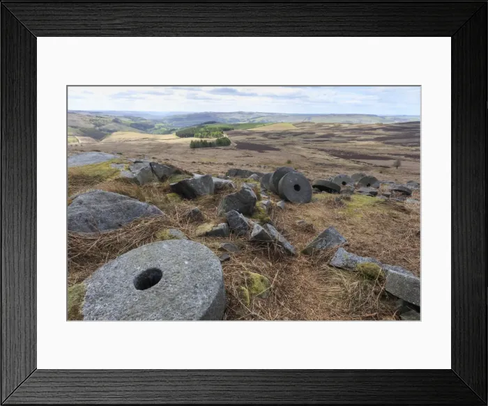 Framed Print : Old millstones, Stanage Edge, fine spring day, near Hathersage, Peak District National Park Framed Print : Old millstones, Stanage Edge, fine spring day, near Hathersage, Peak District National Park
