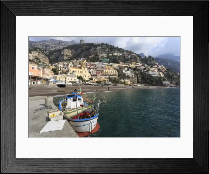 Framed Print : Fishing boat at quayside and Positano town, Costiera Amalfitana (Amalfi Coast), UNESCO Framed Print : Fishing boat at quayside and Positano town, Costiera Amalfitana (Amalfi Coast), UNESCO