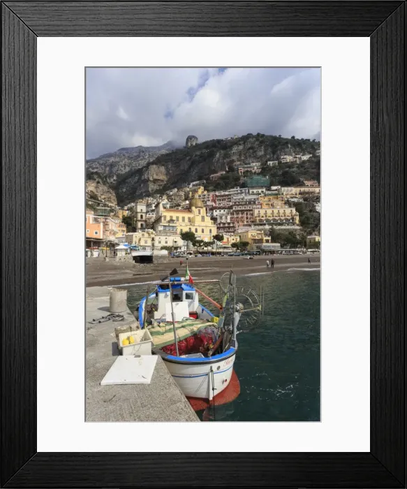 Framed Print : Fishing boat at quayside and Positano town, Costiera Amalfitana (Amalfi Coast), UNESCO Framed Print : Fishing boat at quayside and Positano town, Costiera Amalfitana (Amalfi Coast), UNESCO