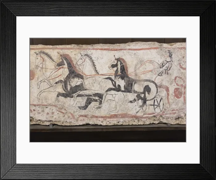Framed Print : Charioteer and horses, painted tomb slab detail, National Archaeological Museum, Paestum