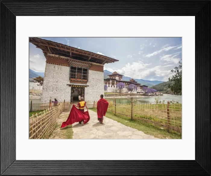 Framed Print : Two monks dressed in traditional red access the Punakha Dzong a former monastery Framed Print : Two monks dressed in traditional red access the Punakha Dzong a former monastery