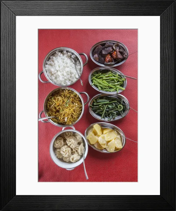Framed Print : Bhutanese dishes served at a restaurant in Thimphu rice and vegetables including chilli Framed Print : Bhutanese dishes served at a restaurant in Thimphu rice and vegetables including chilli