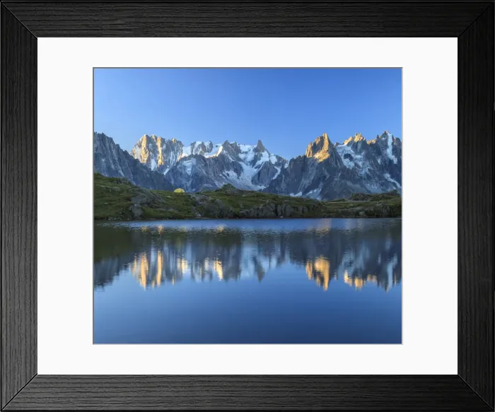Framed Print : Grandes Jorasses and Dent du Geant reflected at sunrise in Lac des Cheserys, Haute Savoie Framed Print : Grandes Jorasses and Dent du Geant reflected at sunrise in Lac des Cheserys, Haute Savoie