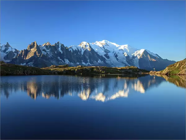 Mont Blanc, top of Europe, reflected during sunrise in Lac es Cheserys, Aiguilles Rouges Parc