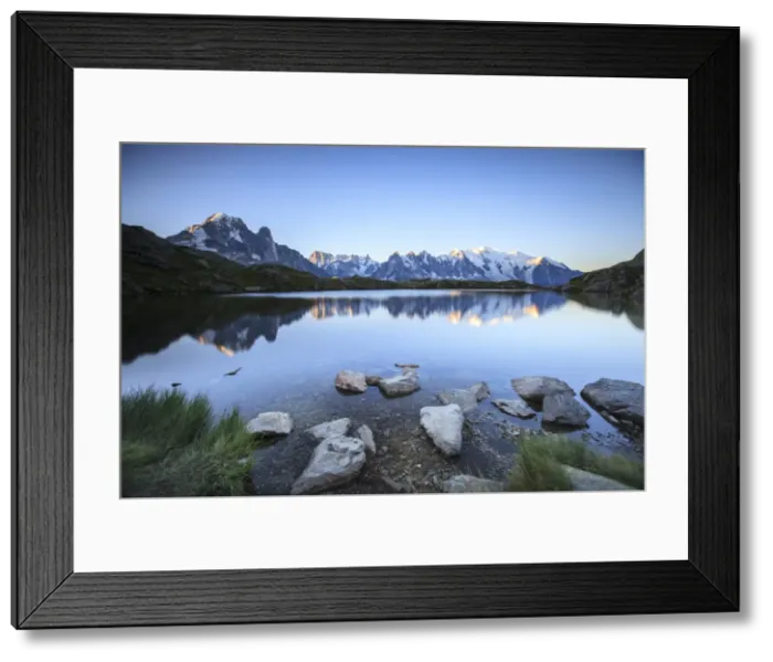 Framed Print : Mont Blanc range reflected at sunrise from the shore of Lac des Cheserys, Aiguilles Rouges Framed Print : Mont Blanc range reflected at sunrise from the shore of Lac des Cheserys, Aiguilles Rouges