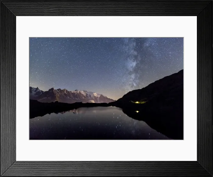 Framed Print : Camping under the stars at Lac des Cheserys, Mont Blanc in centre, Europes highest peak Framed Print : Camping under the stars at Lac des Cheserys, Mont Blanc in centre, Europes highest peak