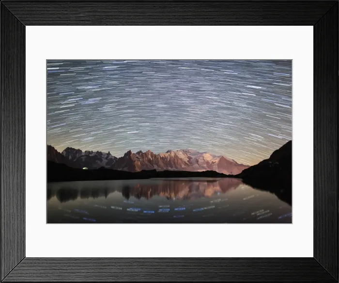 Framed Print : Star trail over Mont Blanc range seen from Lac des Cheserys, Parc Aiguilles Rouges Framed Print : Star trail over Mont Blanc range seen from Lac des Cheserys, Parc Aiguilles Rouges