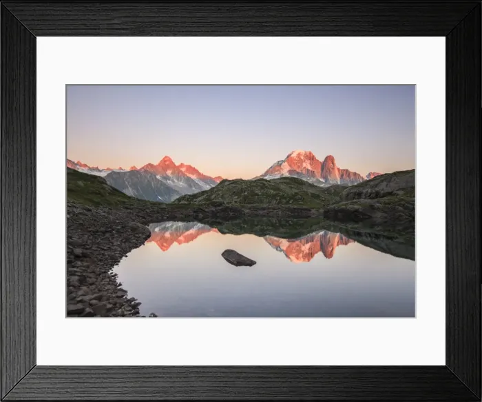 Framed Print : Reflections of Mont Blanc at sunset on Lac des Cheserys, Haute Savoie, French Alps Framed Print : Reflections of Mont Blanc at sunset on Lac des Cheserys, Haute Savoie, French Alps