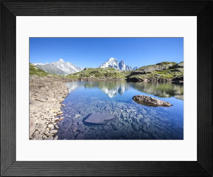 Framed Print : The Mont Blanc mountain range reflected in the waters of Lac des Cheserys, Haute Savoie Framed Print : The Mont Blanc mountain range reflected in the waters of Lac des Cheserys, Haute Savoie