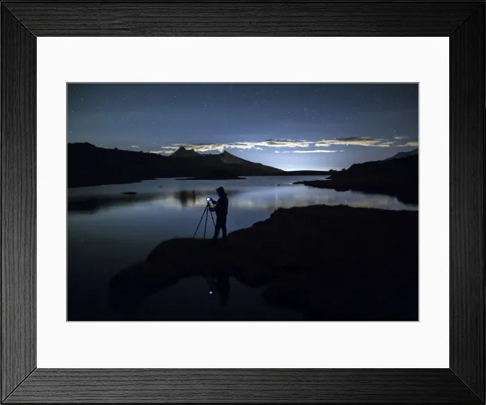 Framed Print : Photographer admires reflection on Rossett Lake at night, Gran Paradiso National Park Framed Print : Photographer admires reflection on Rossett Lake at night, Gran Paradiso National Park