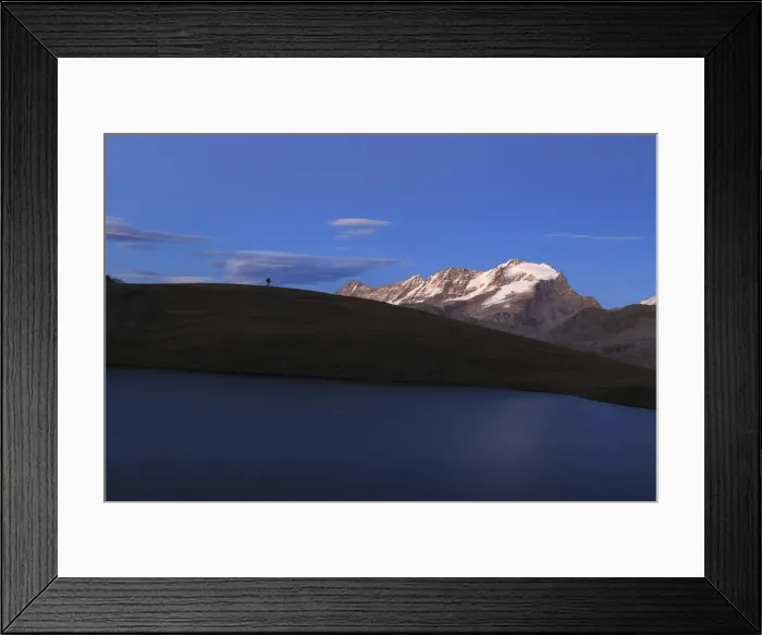 Framed Print : Hiker admires sunset on Rossett Lake at an altitude of 2709 meters, Gran Paradiso National Park Framed Print : Hiker admires sunset on Rossett Lake at an altitude of 2709 meters, Gran Paradiso National Park