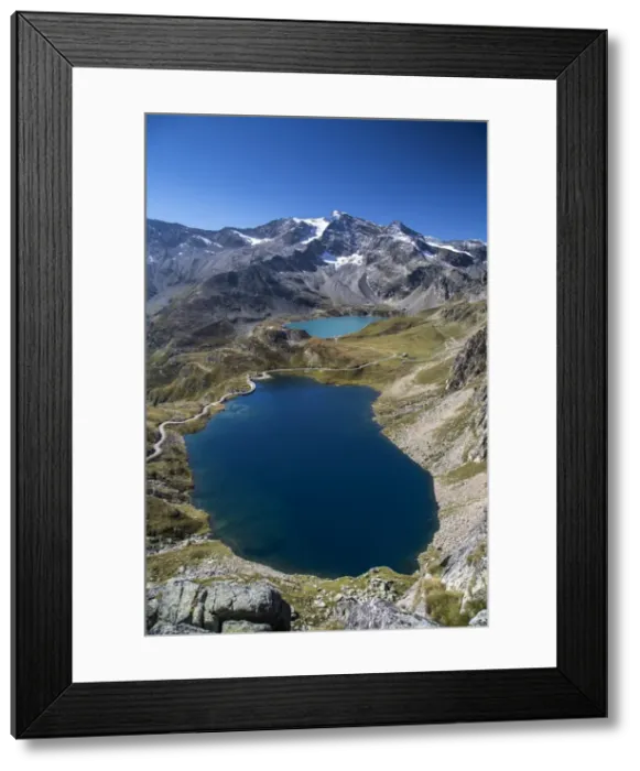 Framed Print : View of Lake Agnel and Lake Serru, Colle del Nivolet, Ceresole Reale, Alpi Graie (Graian Alps) Framed Print : View of Lake Agnel and Lake Serru, Colle del Nivolet, Ceresole Reale, Alpi Graie (Graian Alps)