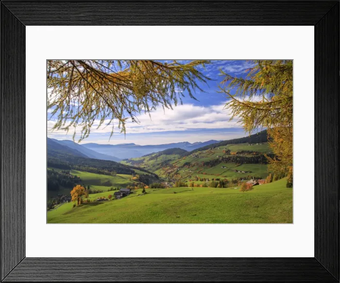 Framed Print : Autumn colors and view of the village of St. Magdalena with the Odle Mountains in the background Framed Print : Autumn colors and view of the village of St. Magdalena with the Odle Mountains in the background