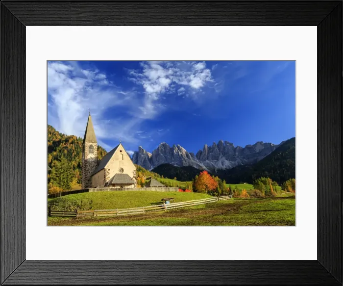 Framed Print : Church of St. Magdalena immersed in the colors of autumn, with the Odle Mountains in the background Framed Print : Church of St. Magdalena immersed in the colors of autumn, with the Odle Mountains in the background